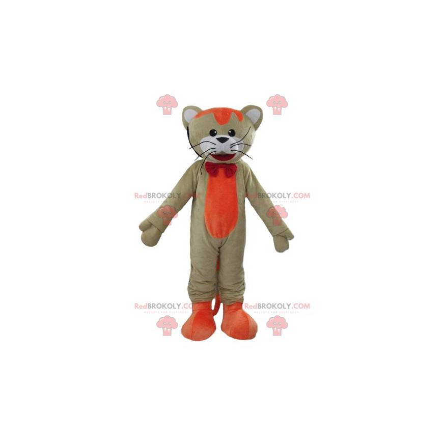 Mascote grande gato colorido e sorridente de laranja e branco -