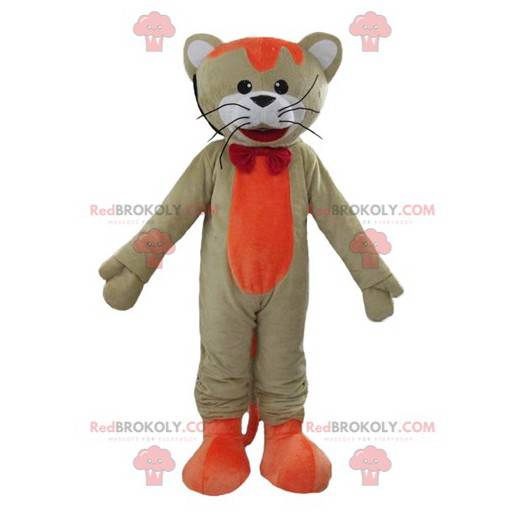 Mascote grande gato colorido e sorridente de laranja e branco -