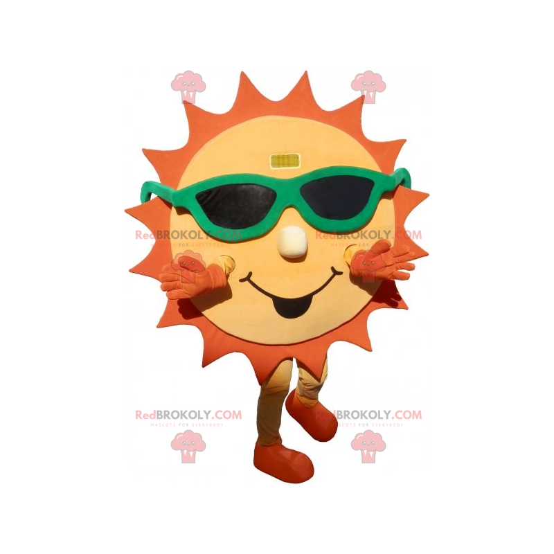 Mascota de sol amarillo y naranja con gafas de sol -