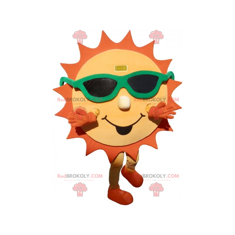 Mascotte de soleil jaune et orange avec des lunettes de soleil