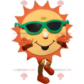 Mascote do sol amarelo e laranja com óculos de sol -