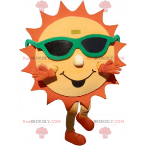 Mascotte de soleil jaune et orange avec des lunettes de soleil