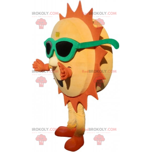 Geel en oranje zon mascotte met zonnebril - Redbrokoly.com