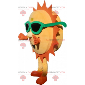Żółta i pomarańczowa maskotka słońce z okularami