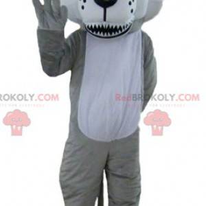 Grijze en witte wolf mascotte met blauwe ogen - Redbrokoly.com