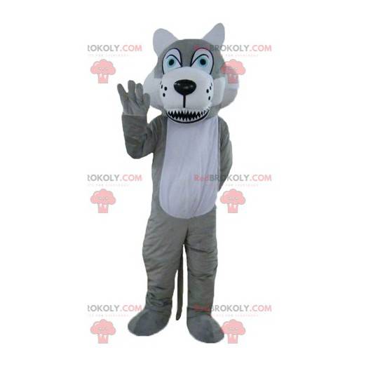 Grijze en witte wolf mascotte met blauwe ogen - Redbrokoly.com