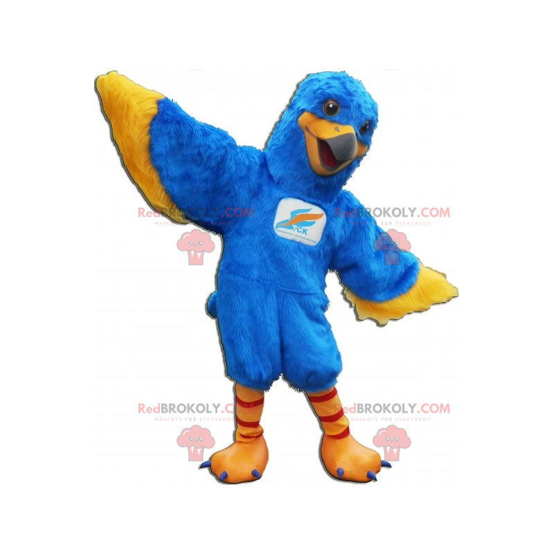 Blaues und gelbes Vogelmaskottchen. Adler Maskottchen -