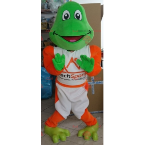 Maskot zelená žába oblečený v bílé a oranžové barvě -