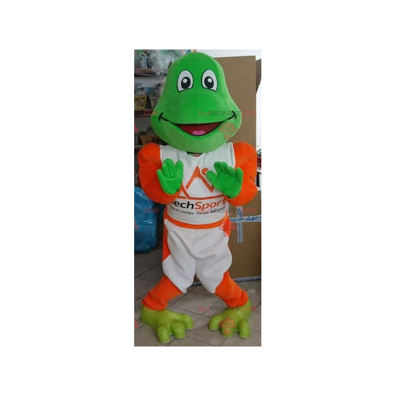 Green frog mascot dressed in white and orange - Redbrokoly.com