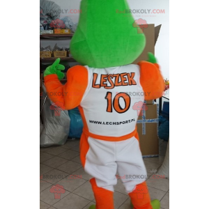 Maskot zelená žába oblečený v bílé a oranžové barvě -