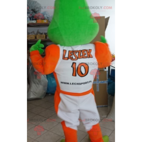 Green frog mascot dressed in white and orange - Redbrokoly.com