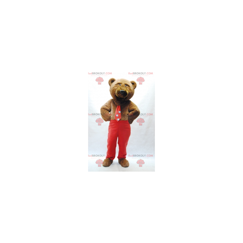 Brun björnmaskot med slips och röda byxor - Redbrokoly.com