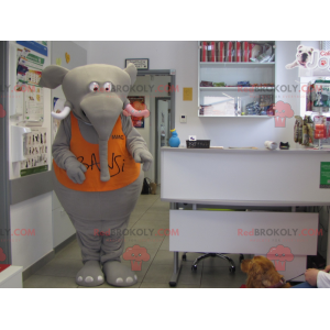 Mascotte elefante grigio molto divertente con pettorina