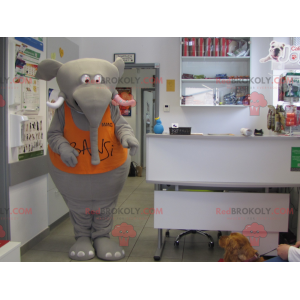 Very funny gray elephant mascot with an orange bib -