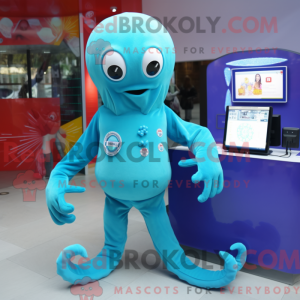 Cyan Octopus maskot kostume...