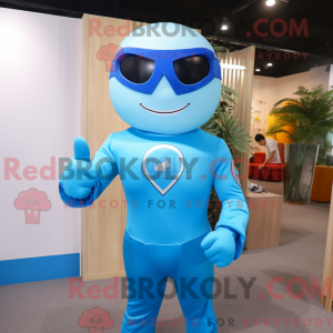 Sky Blue Superhero mascot...