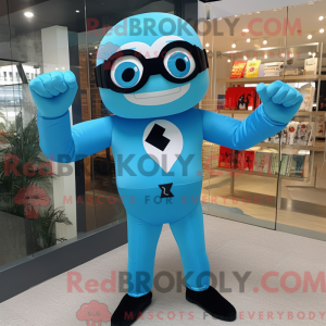 Sky Blue Superhero mascot...