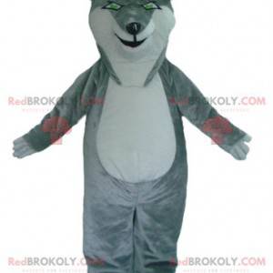 Grijze en witte wolf mascotte met groene ogen - Redbrokoly.com