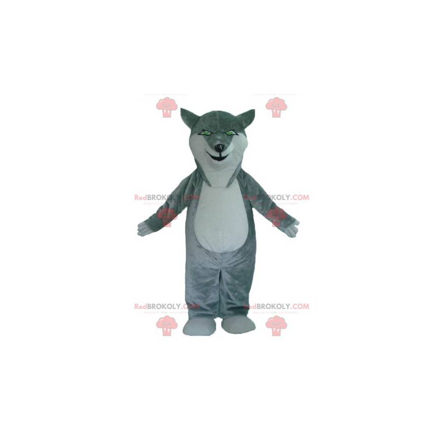 Mascote lobo cinzento e branco com olhos verdes - Redbrokoly.com