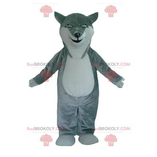 Grijze en witte wolf mascotte met groene ogen - Redbrokoly.com