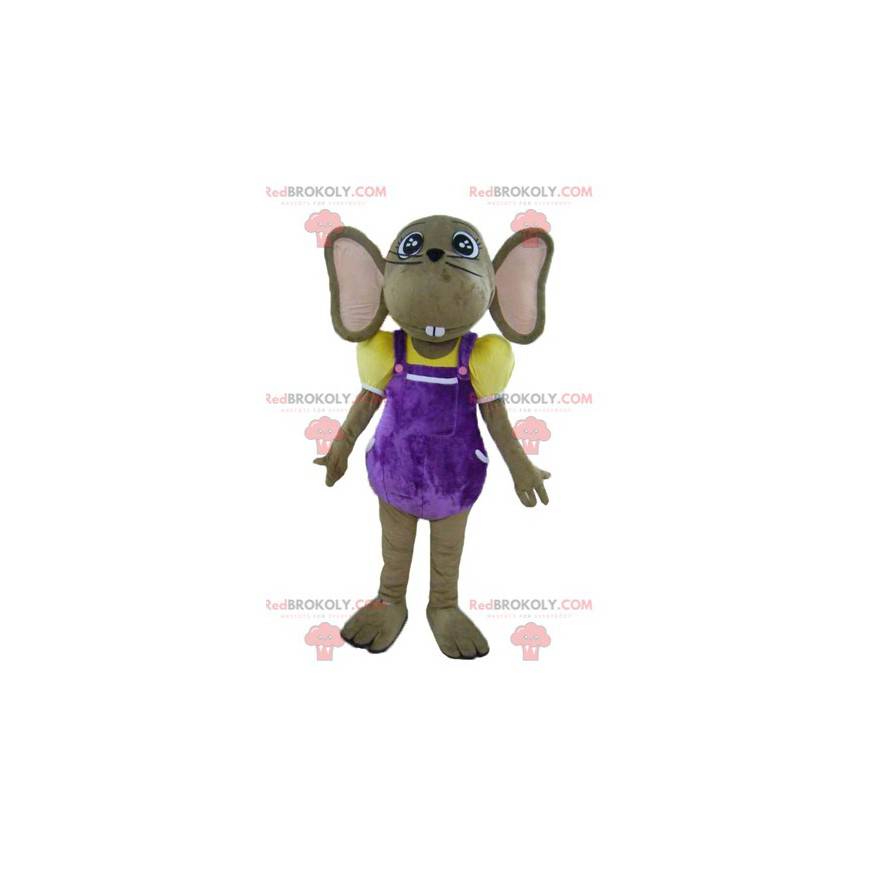 Mascota del ratón marrón y rosa en traje colorido -