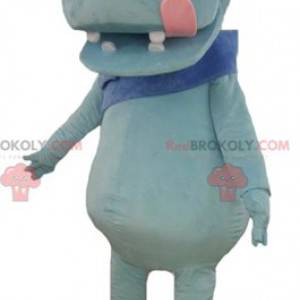 Mascotte d'hippopotame bleue avec une grande langue rose -