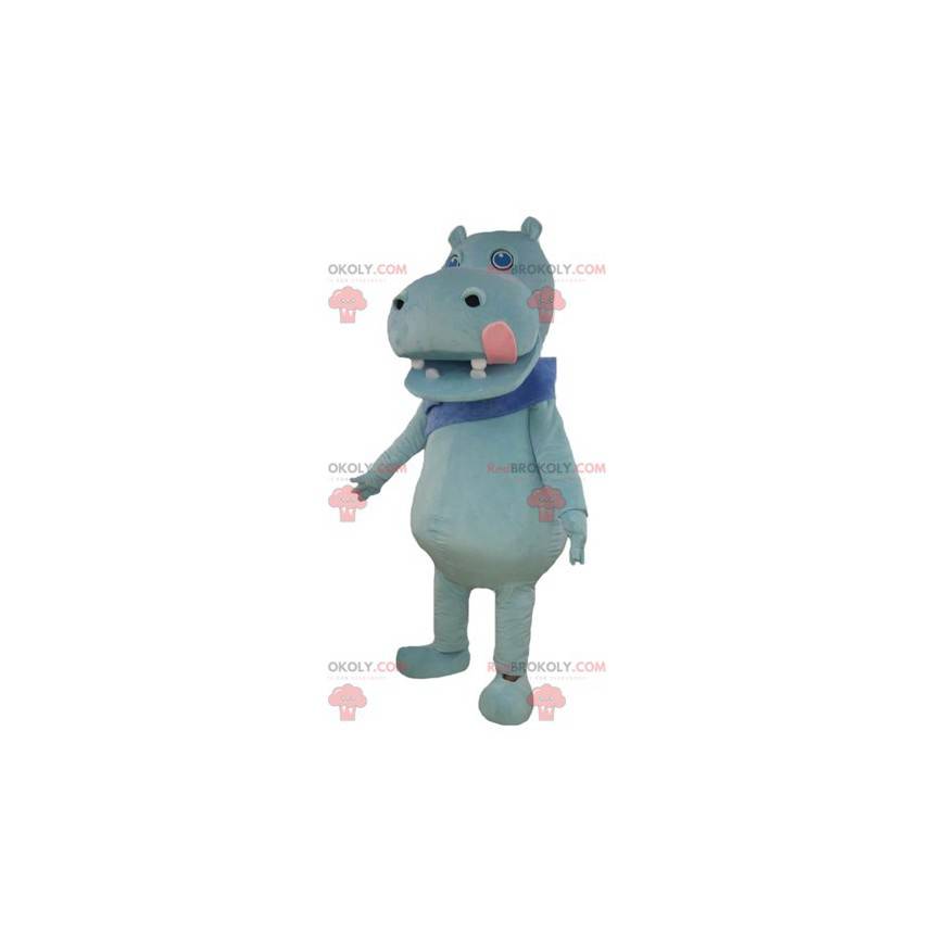 Blauw nijlpaard mascotte met een grote roze tong -
