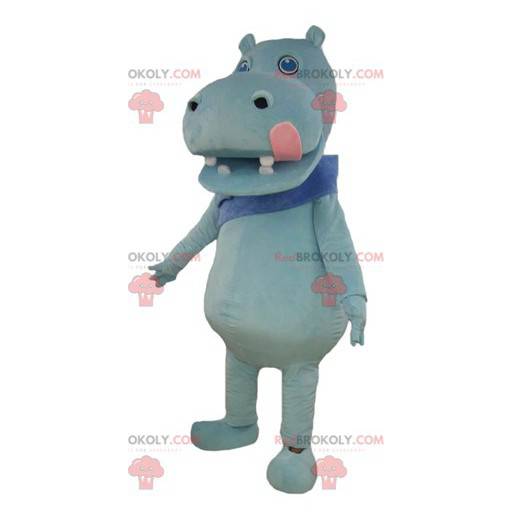 Mascote hipopótamo azul com uma grande língua rosa -