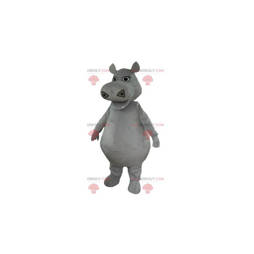 Mascote hipopótamo cinza grande e gordo - Redbrokoly.com