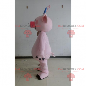 Farm maskot - Gris med blå rosett - Redbrokoly.com