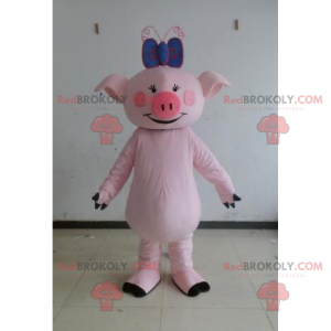 Mascote de animal de fazenda - porco com laço azul -