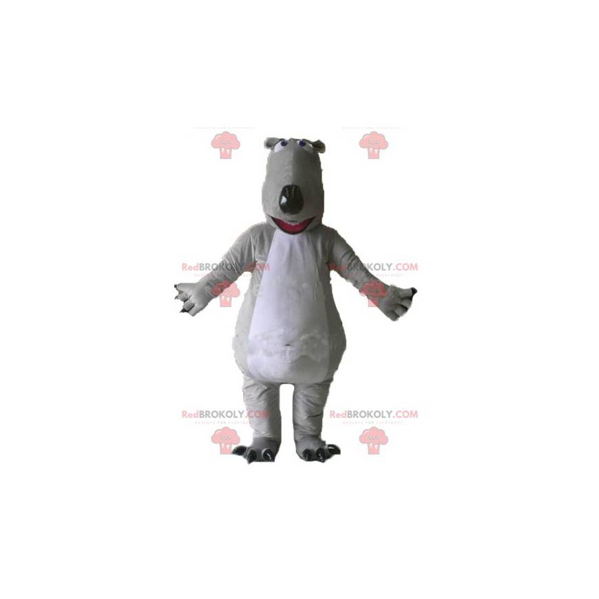 Mascote urso cinza e branco gigante e impressionante -