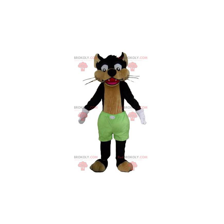 Svart og brun ulvekattmaskot med grønne shorts - Redbrokoly.com