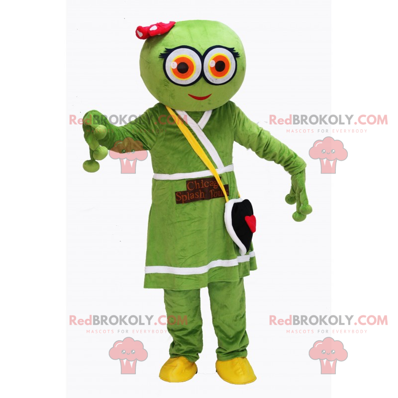 Mascote alienígena com vestido e bolsa de coração - Mascote alienígena com vestido e bolsa de coração -