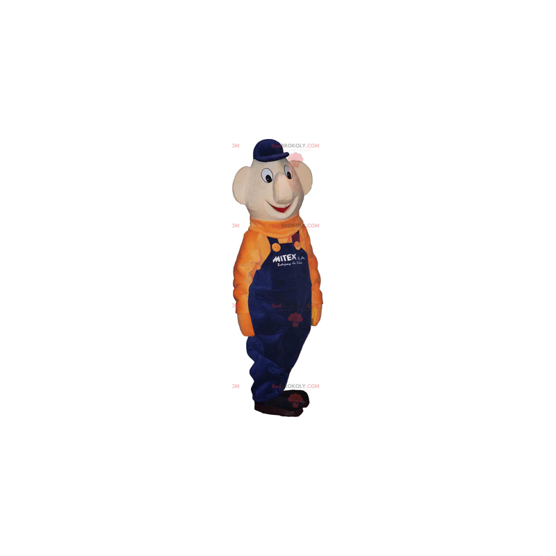 Mascotte de bonhomme avec salopette bleu et pull orange -