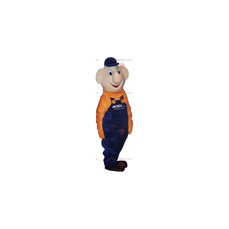 Maskot sněhuláka s modrými kombinézami a oranžovým svetrem -