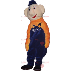 Sneeuwman mascotte met blauwe overall en oranje trui -