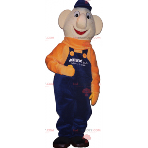 Schneemann-Maskottchen mit blauem Overall und orangefarbenem