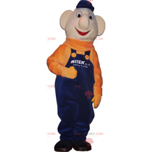 Snowman mascot with blue overalls and orange sweater -