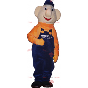 Schneemann-Maskottchen mit blauem Overall und orangefarbenem