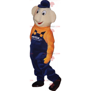 Sneeuwman mascotte met blauwe overall en oranje trui -