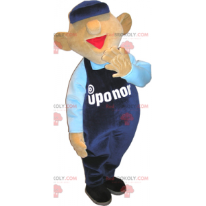 Mascotte de bonhomme avec salopette et casquette bleu -