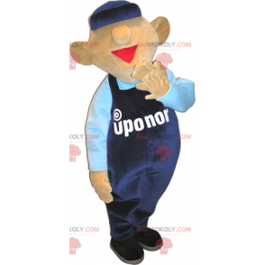 Snowman mascot with overalls and blue cap - Redbrokoly.com