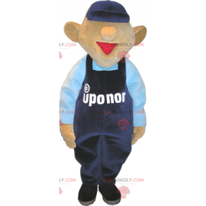 Mascotte de bonhomme avec salopette et casquette bleu -