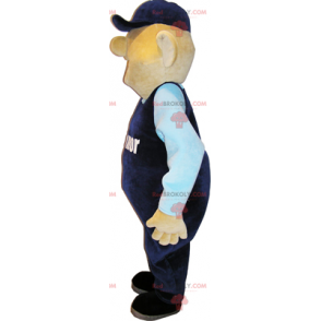 Schneemann-Maskottchen mit Overall und blauer Mütze -