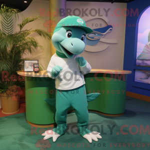 Grön delfinmaskotdraktfigur...