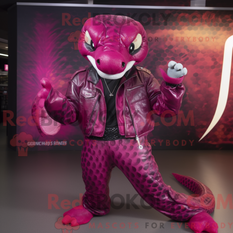 Magenta Python Maskottchen Kostüm Figur bekleidet mit einer Lederjacke und Clutch Taschen - Python-Maskottchen - RedBrokoly.com