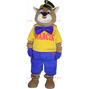 Katzenmaskottchen mit Polizeimütze und blauer Fliege -