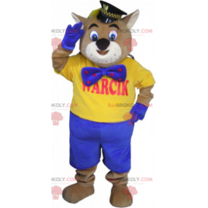 Maskot kočky s policejní čepicí a modrým motýlkem -