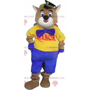 Katzenmaskottchen mit Polizeimütze und blauer Fliege -
